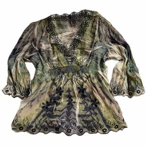 Green Sheer Boho Embroidered Blouse | Smocked Waist Floral Cottagecore Top